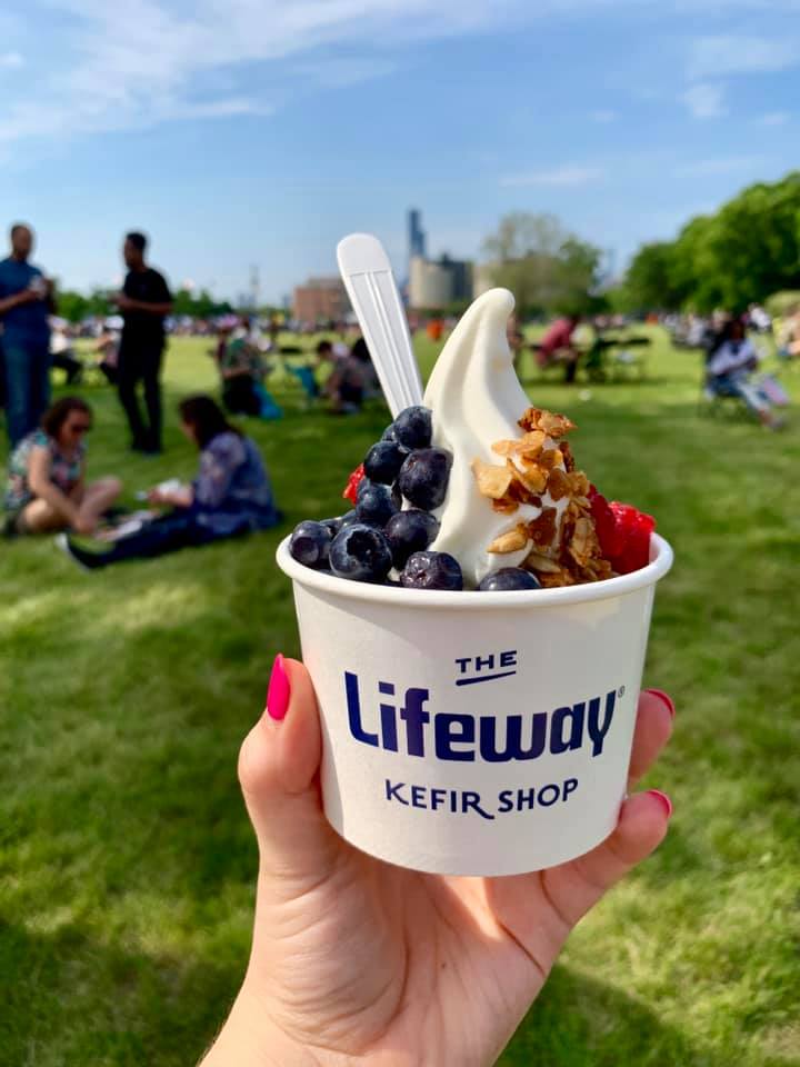 Frozen kefir cup with fruit toppings on the lawn at Chicago Food Truck Festival