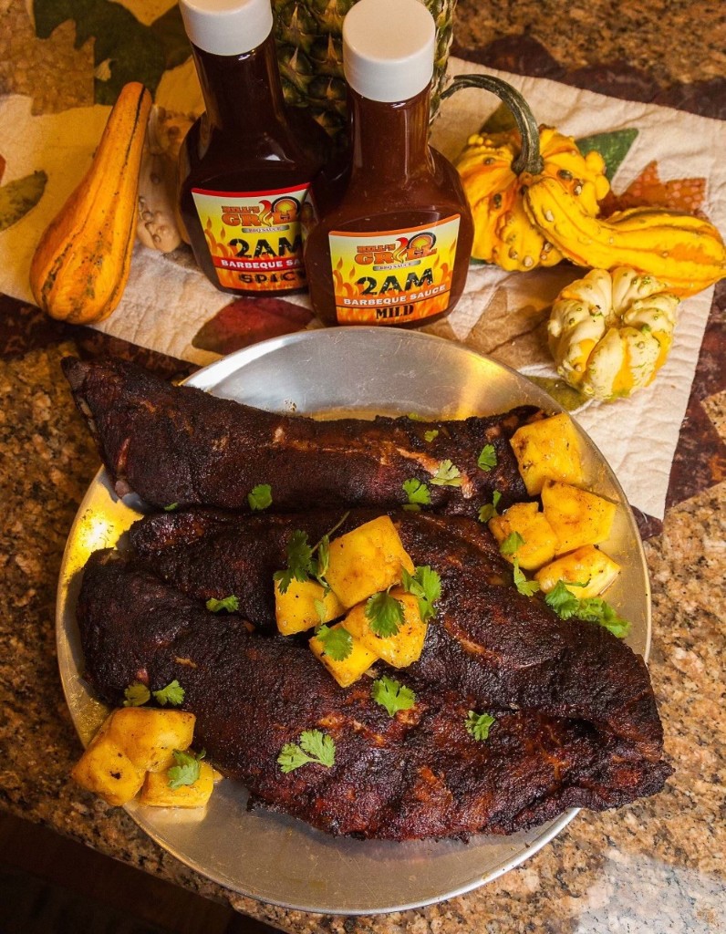 Bill's Grill — smoky dry-rubbed barbecue ribs topped with grilled pineapple and cilantro, served with signature 2AM barbecue sauce